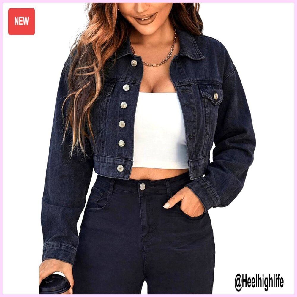 Cropped Denim Jacket Vintage Oversized Fit Distressed Dark Wash